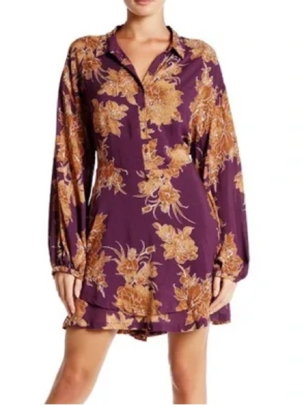 Free Purple Shake It Floral Long-Sleeve Mini Dress Sz S/M